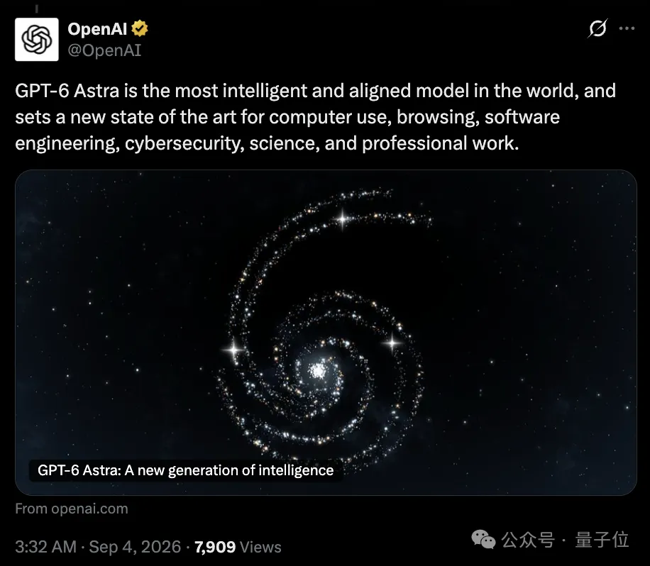 OpenAI 官方社交媒体账号发布 GPT-6 Astra 的截图