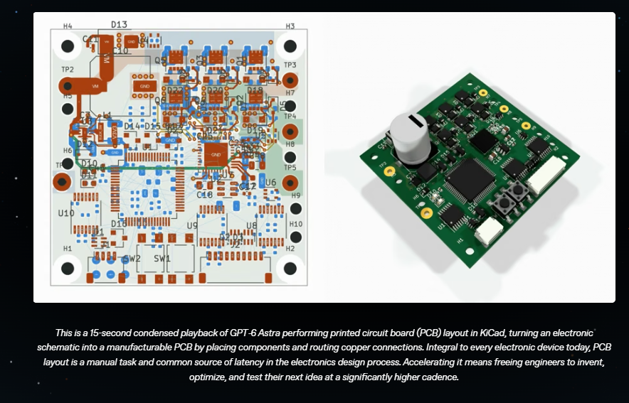 GPT-6 Astra 在 KiCad 中完成 PCB 布局的演示画面,左侧为电路设计图,右侧为三维电路板